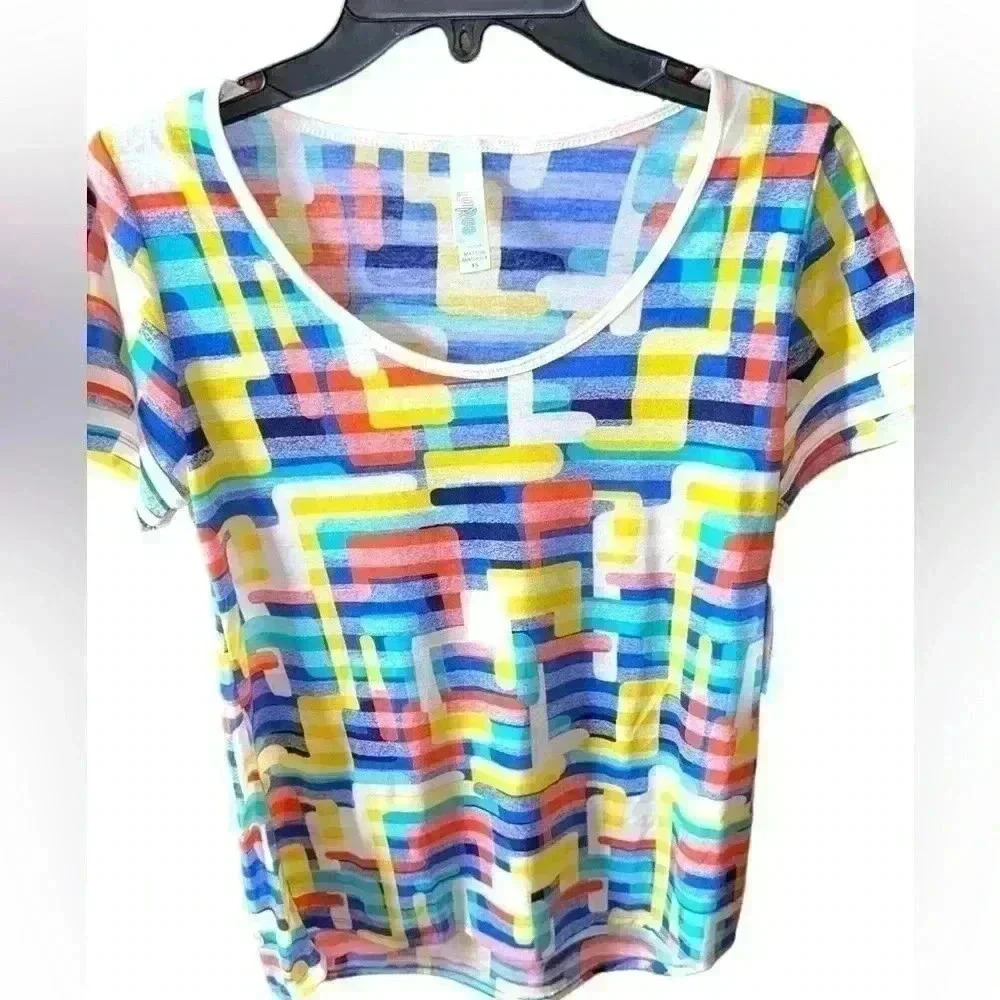 Lularoe XS multicolor retro classic tee with collegiate stripe sleeves. NWT